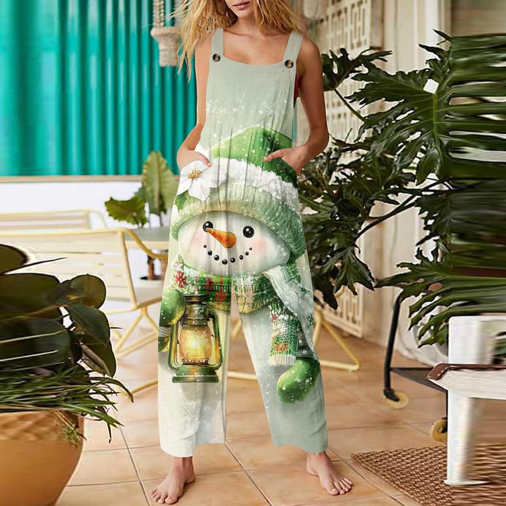 Damen Casual Weihnachts-Jumpsuit Ärmelloser Baumwoll-Jumpsuit mit Aufdruck