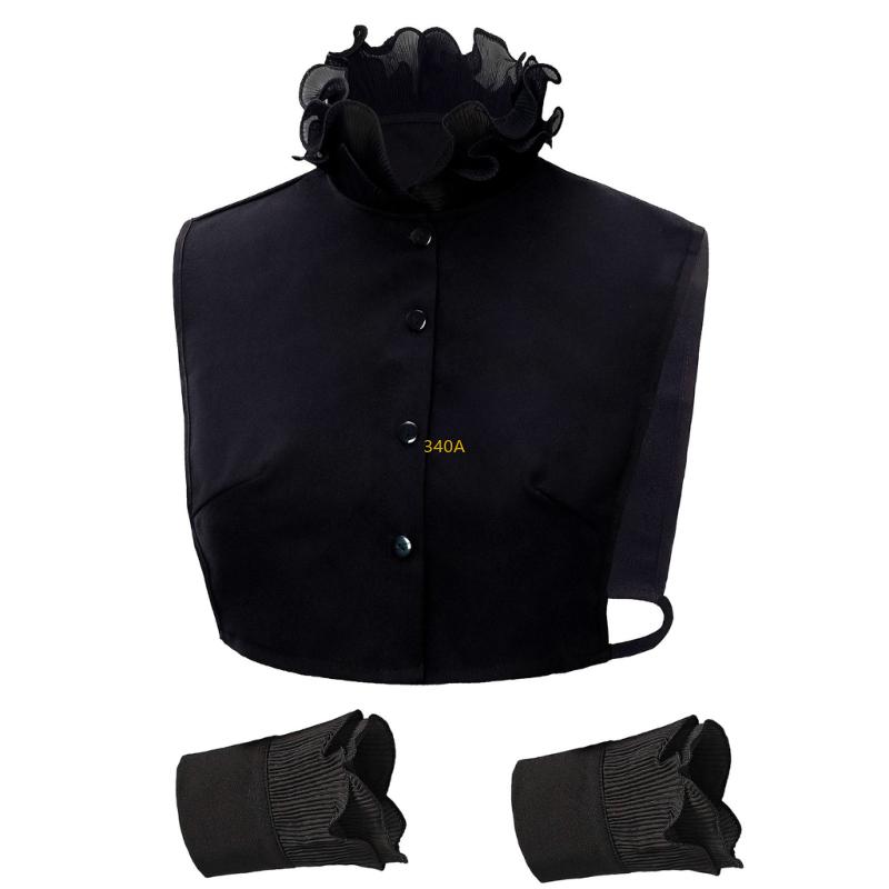 Fashion Detachable Ruffle V Neck Sweater Collar Insert Half Shirt Includes 2 Wrist Cuffs Fake Sleeves Set for Women