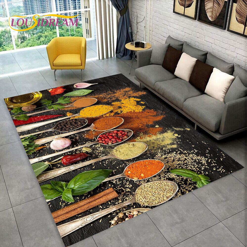 Küchenteppich mit Gemüse, Getreide, Gewürzen, Obstgewürzen, Teppich für Wohnzimmer, Sofa, Fußmatte, Dekoration, rutschfeste Bodenmatte 40x60cm