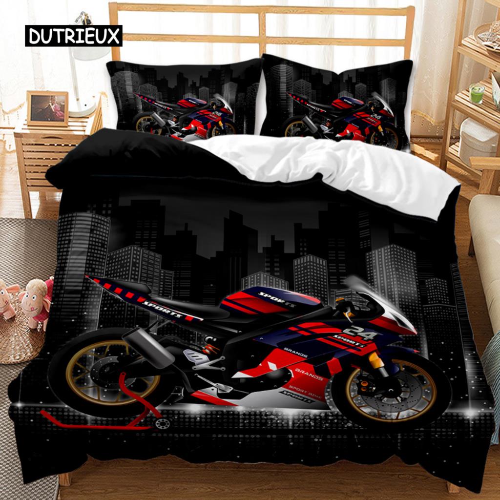 Motorbike Duvet Cover Set Motocross Rider Racing Motorcycle Dirt Bike Bedding Set Vehicles Extreme Sports Polyester Quilt Cover