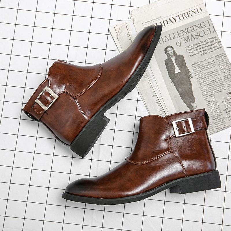 Fashion New Handmade Men's Business Ankle Boots Pointed Toe Dress Botas British High Top Leather Shoes Slip-On Casual Male Chelsea Boots