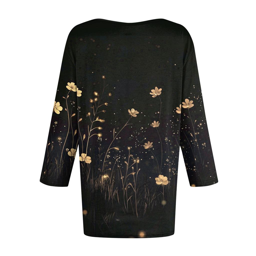 Women's Tops Three-quarter Sleeve Shirt V-neck Loose Casual Shirt Floral Print T-shirt