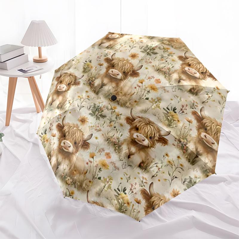 Schottische Hochlandkuh mit Blumenmuster Regenschirm - Automatisches Öffnen & Schließen, Tragbares 3-fach faltbares Design, 8-Speichen Stahlgestell, Für den Außenbereich, Festliches Geschenk für