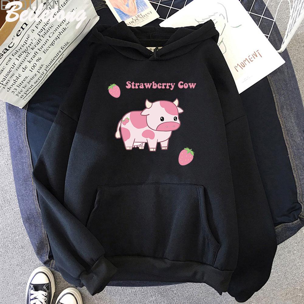 Cow and Strawberry Kawaii Hoodies Casual Pullover Loose Sweatshirt Aesthetic Clothes for Women Funny Sudadera Mujer Blue Cartoon