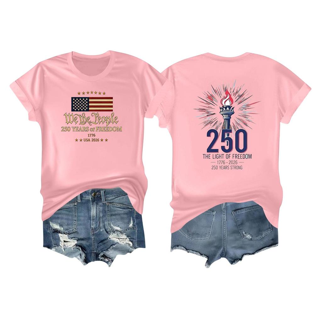 Women's Casual Independence Day 250 Anniversary Printed T-shirt Round Neck Pullover Short Sleeve Top