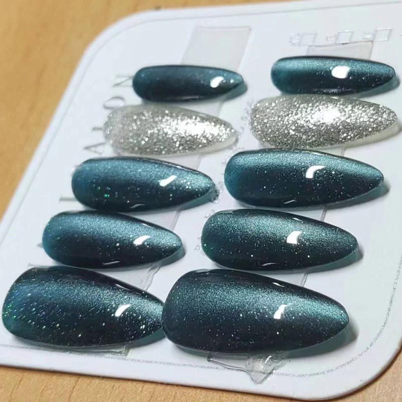 Full HANDMADE Almond Shape Rotating Butterfly Nails Art Black Green Cat Eye Silvery Sparkling Dtars Simplicity Phototherapy Fake Nails Reusable