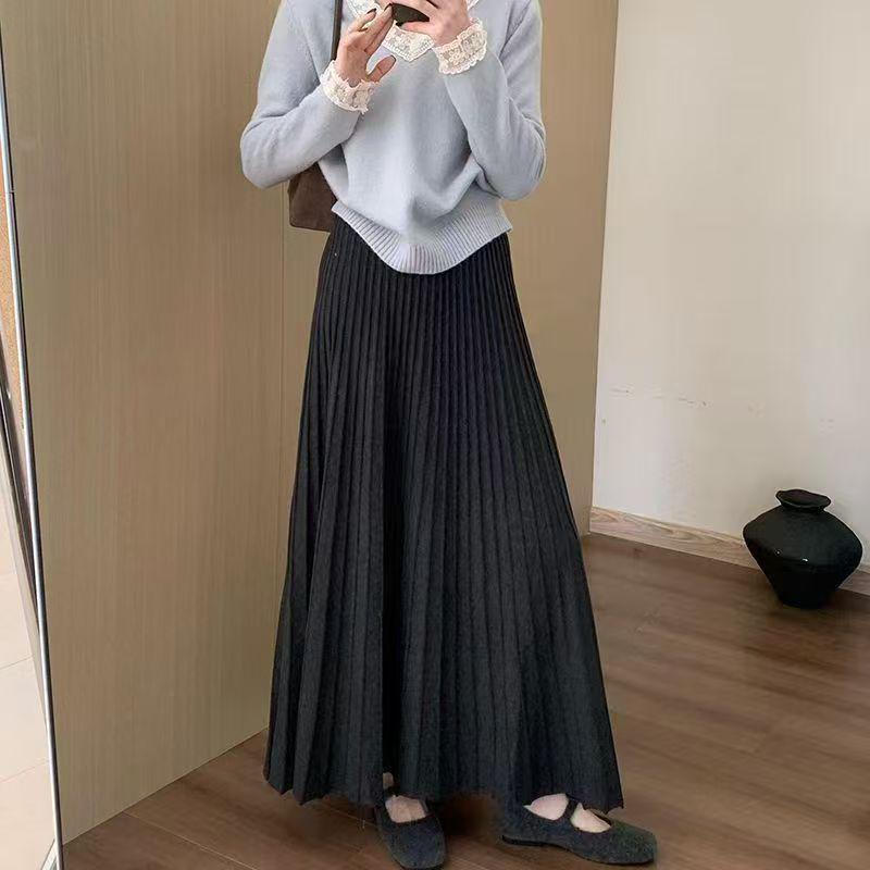 Women's High-Waist A-Line Knit Skirt - Hip-Covering, Wide Hem, Plus Size, Autumn-Winter, Thickened, Slimming Pleated Long Skirt