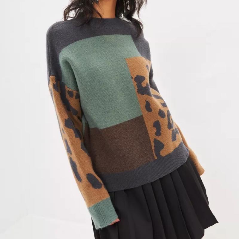 

GMXIA Джемпер женский леопардовый принт осень и зима ретро свободная верхняя одежда ленивый ветер вязание темперамент пуловер топы One size зелёный