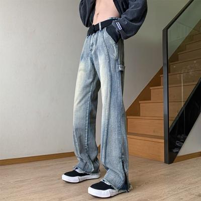 American High Street Zipper Slit Jeans Men's Trendy Versatile Straight Loose Loose Wide-leg Pants