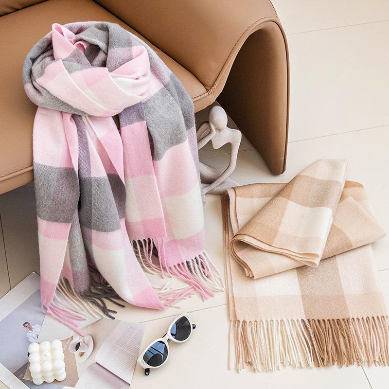Wool Scarf Autumn and Winter New Plaid Color Matching Women's All-match Scarf Thickened Warm Shawl Simple Tassel
