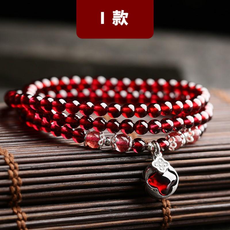 Natural Garnet Stone Bracelet Women Ethnic Style Handmade Crystal Jewelry Bohemian Three-Row Beaded Wrap