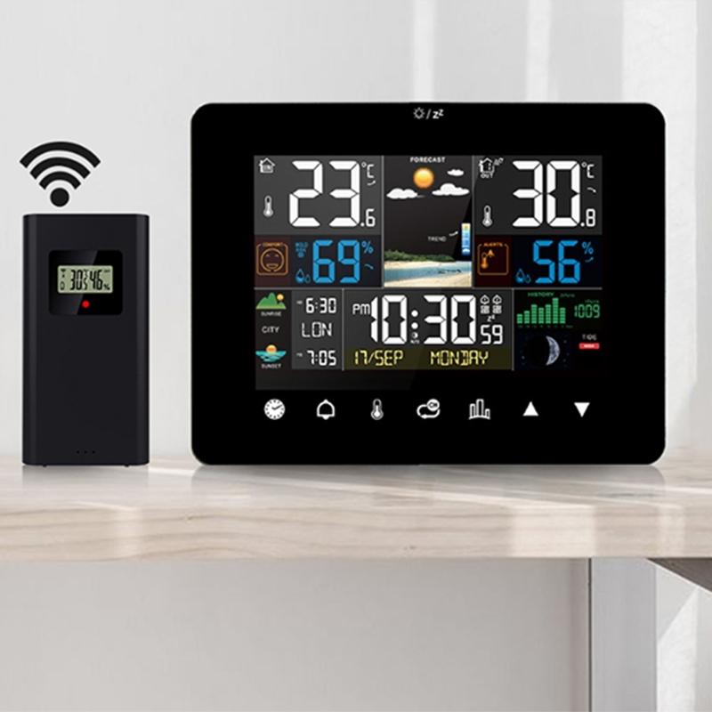 Color Touchscreens Weather Stations Indoor Outdoor Temperature Humidity Monitor Alarm Clock Moon Phase Tides Tracking