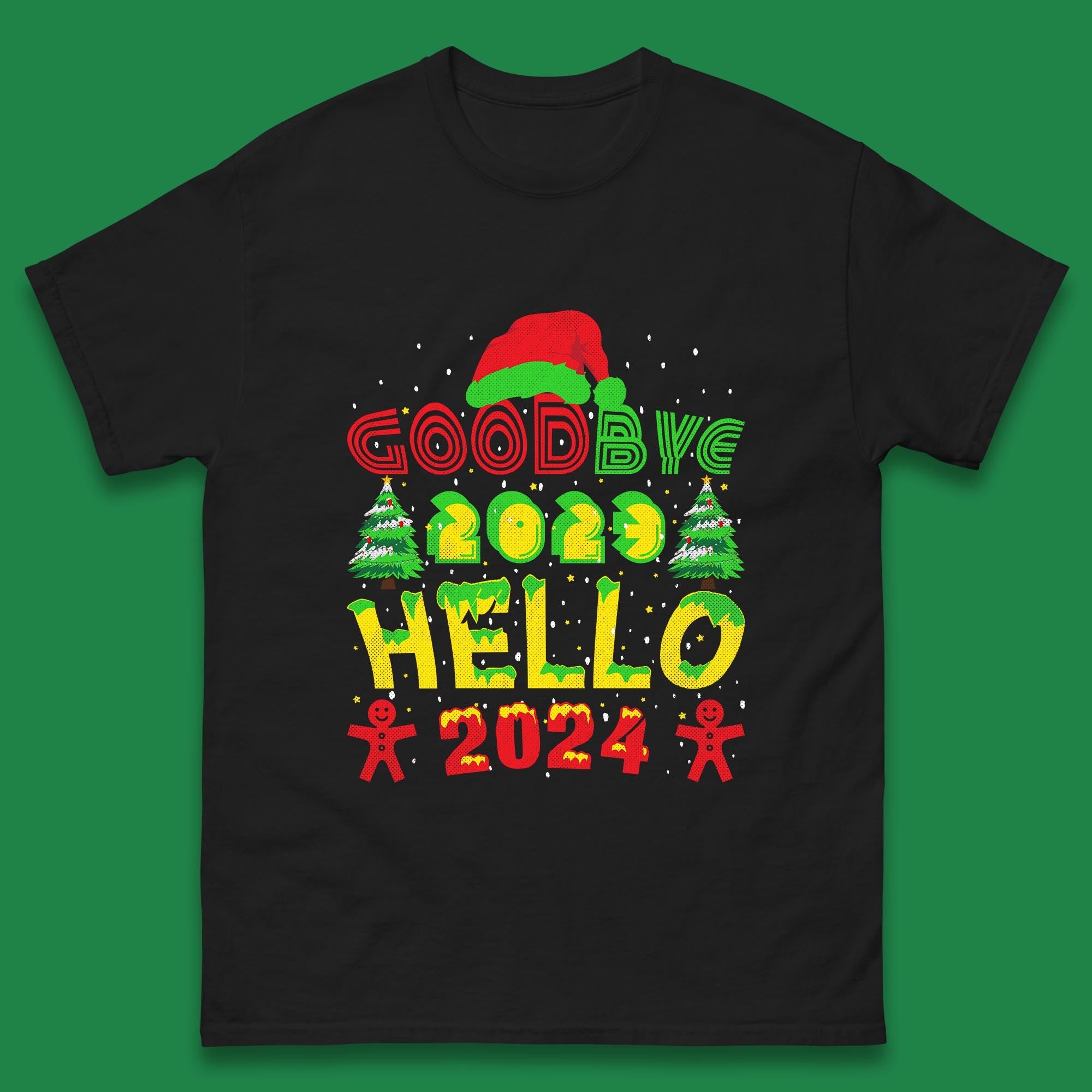 

Good Bye 2023 Hello 2024 Merry Christmas Funny Happy New Year Xmas Mens Tee Top 3XL