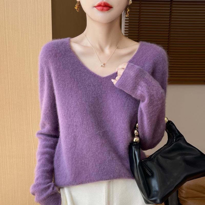 Wool Sweater V-neck Soft Knit Tops Outer Wear Bottoming Shirts for Women