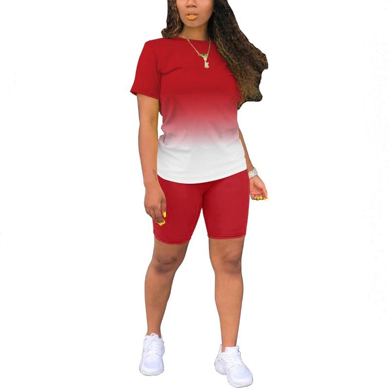 Summer 2pcs Outfits For Women Short Sleeve T-Shirts Pants Shorts Set Gradient Color Tracksuit Sportwear