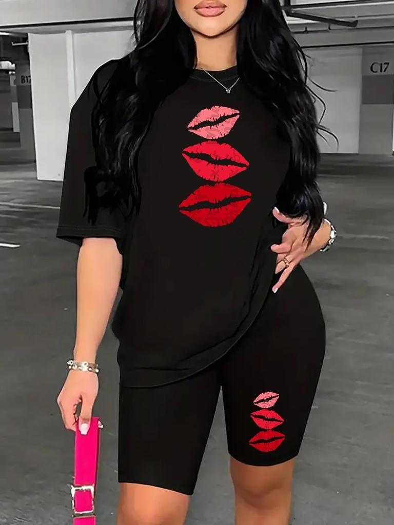 Bear standard size European and American women's clothing lip printing T-shirt shorts set sports suit