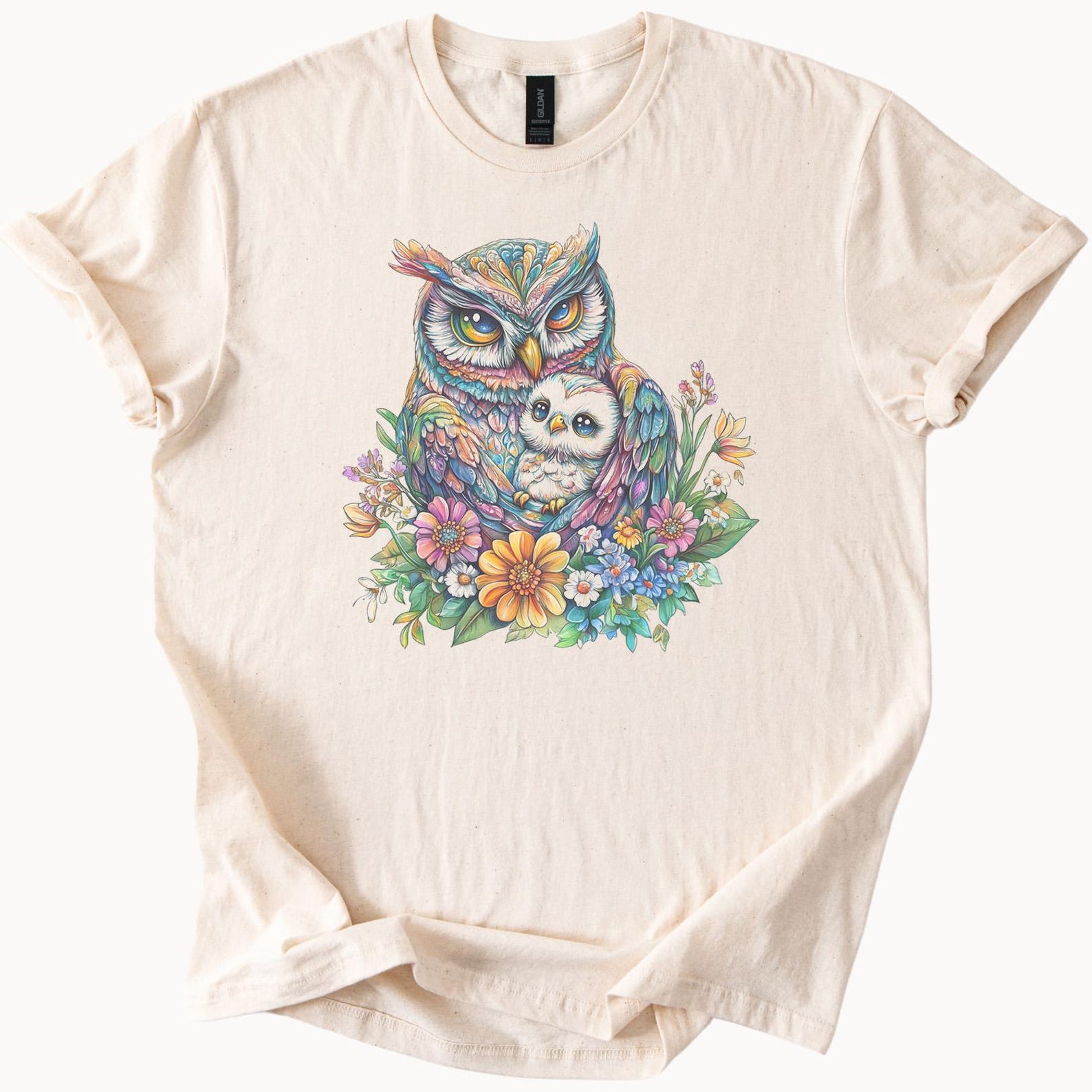 Colorful Owl and Floral Graphic T Shirt Boho Artistic Owl Surrounded by Wildflowers Nature Animal Lover Gift Shirt for  or Men 100