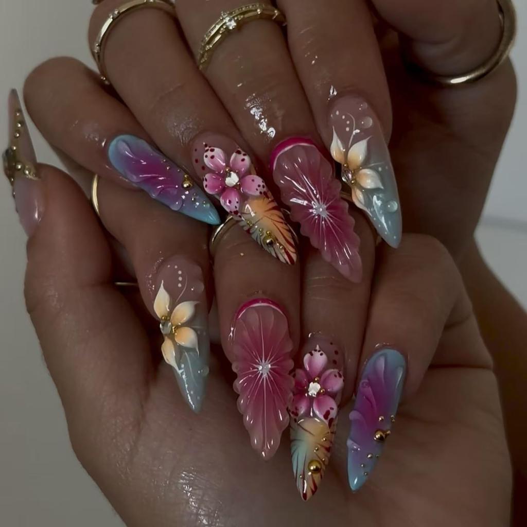 24 Pièces d'Ongles Press-On d'Été avec Lys 3D et Rose Ombré, Faux Ongles Flexibles en ABS pour Femmes, Faux Ongles Fleurs avec Colle Gelée pour Quotidien
