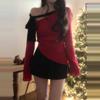 Mink Fur Pink Bow Off-Shoulder Knit Top for Women - Autumn/Winter Base Layer
