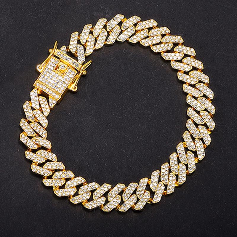 13MM  2 Row Rhinestone Paved Miami Rhombus Cuban Chain Hip Hop Men Women  Prong Cuban Link Chain Bracelet Iced Out Men Jewelry