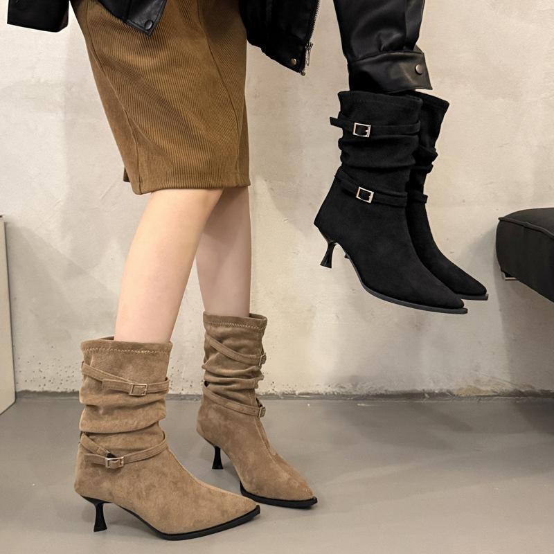 Foreign temperament thin heel high heel pointed thin short boots women's 2025 new autumn and winter versatile pleated pile naked boots