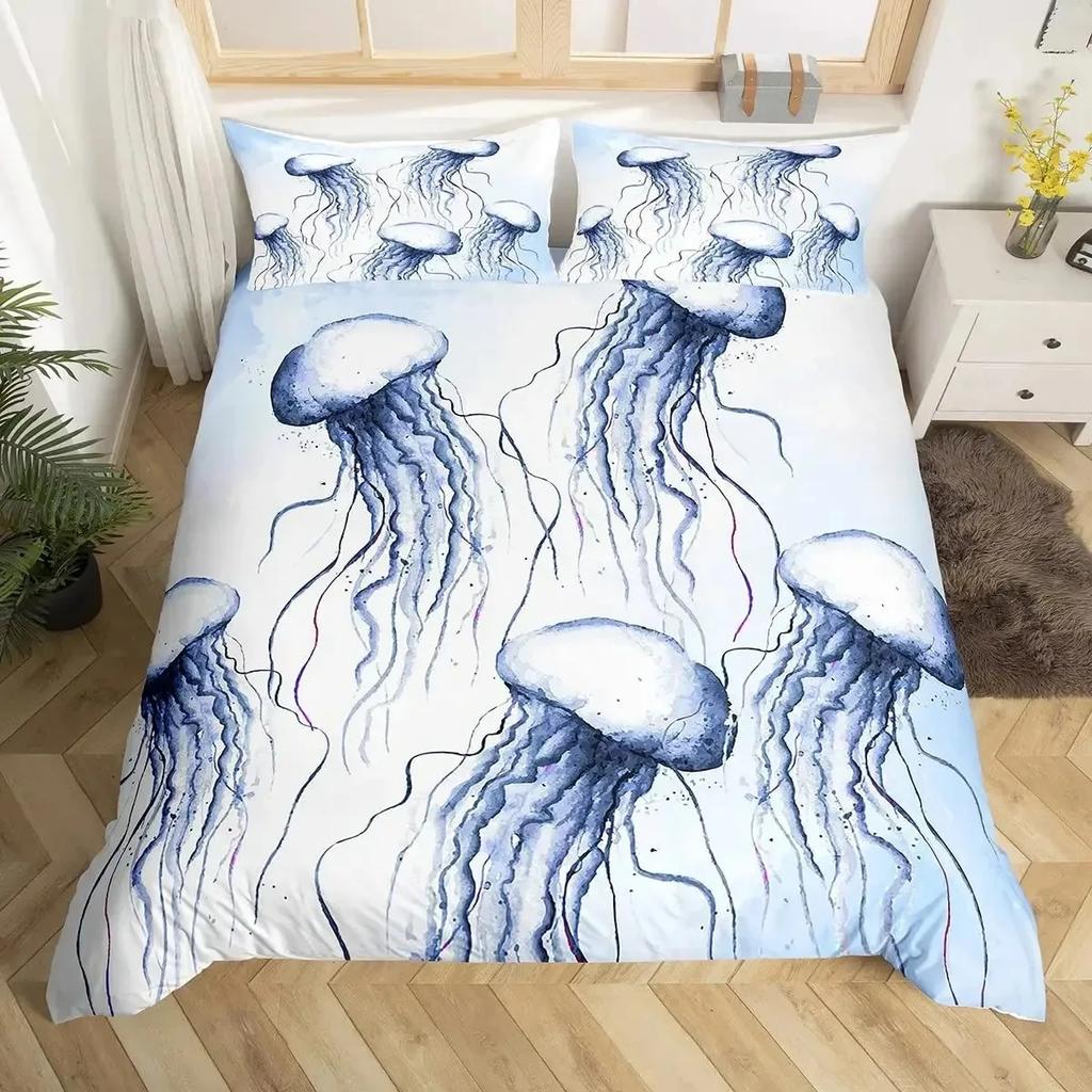 Teal Warm Comforter Cover Set King-Sized Dimensionsd Dimensions Ocean Decor,Jelyfish Soft Duvet Cover Nautical Sea Beding Set Marine Life Retro