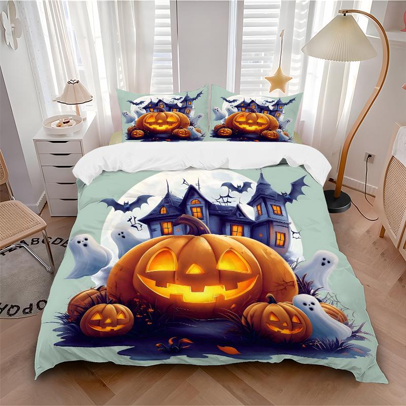 3pcs Pumpkin Halloween Printed Duvet Cover Set (1 * Cover+2 * Pillowcase, Without Core), Suitable for Home Bedroom, Guest Room, Dormitory Decorat