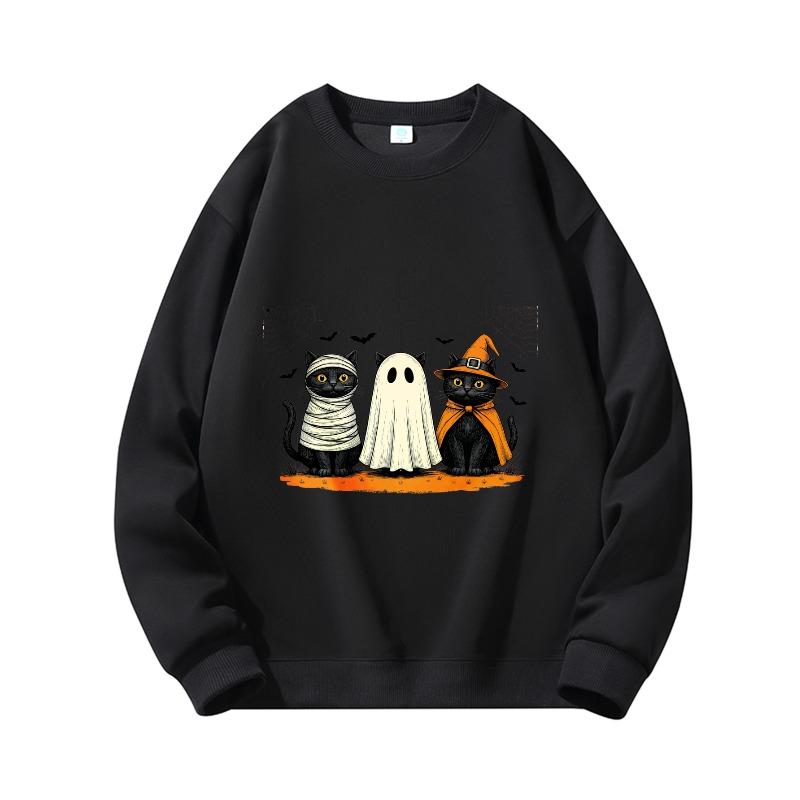 Men'S Halloween Black Cat Ghost Fun Print Round Neck Sweatshirt
