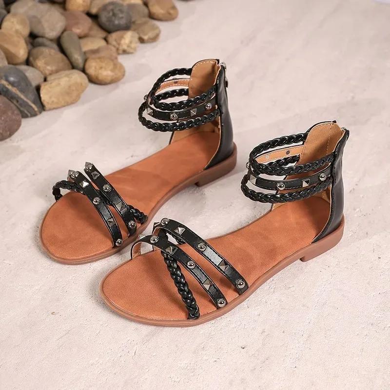 2025 Summer New Round Head Willow Nail Roman Sandals Foreign Trade Large Size Women's Comfortable Cross-Border Sandals Fashion