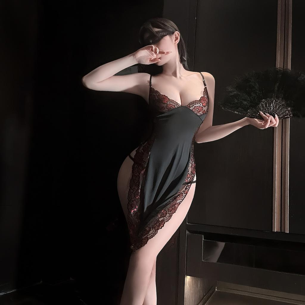 Sexy Underwear, Sexy Suspenders, Printed Slim-fitting Seduction Dress, Lace Leakage, Split Fork, Pure Desire Cheongsam