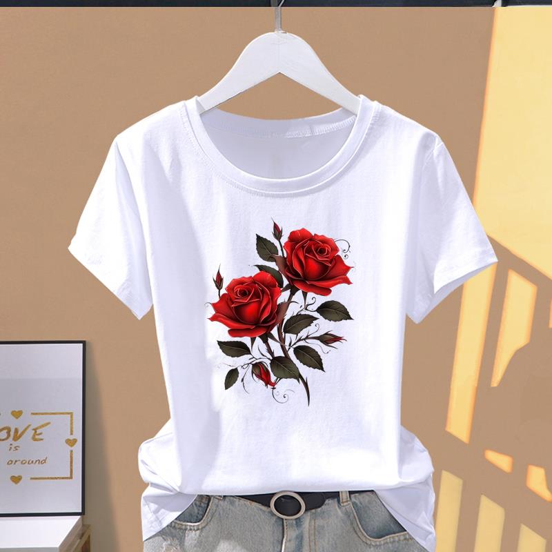 (Asian Size) lovely flower cute Print O-neck Short Sleeve T-shirts Fashion Female Casual Women's Top T Clothing Graphic Tee