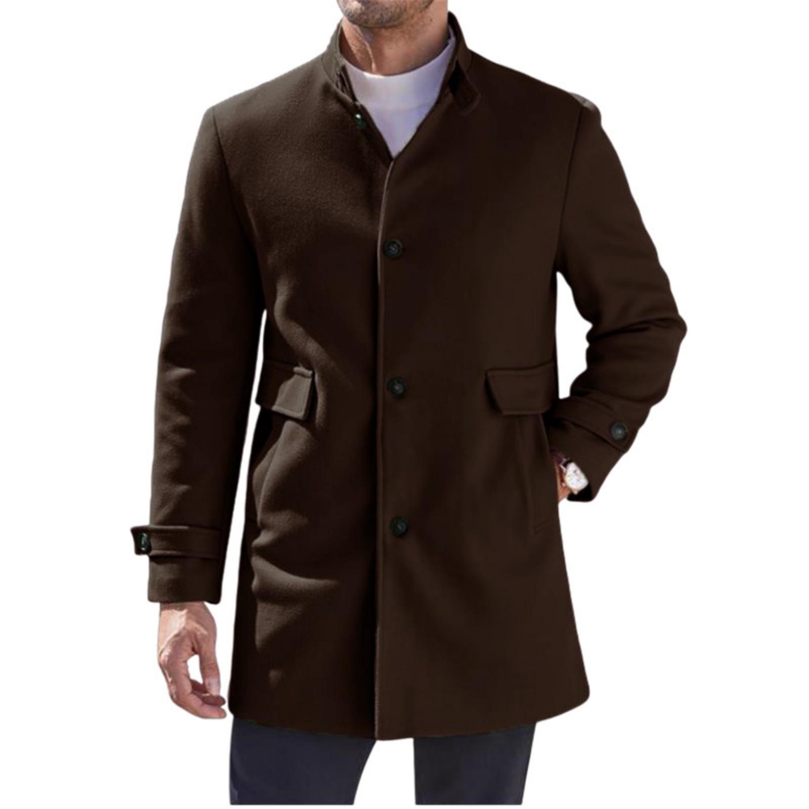 

Men s Fashionable Casual Stand-up Collar Mid-length Solid Color Woolen Coat XL кавовий