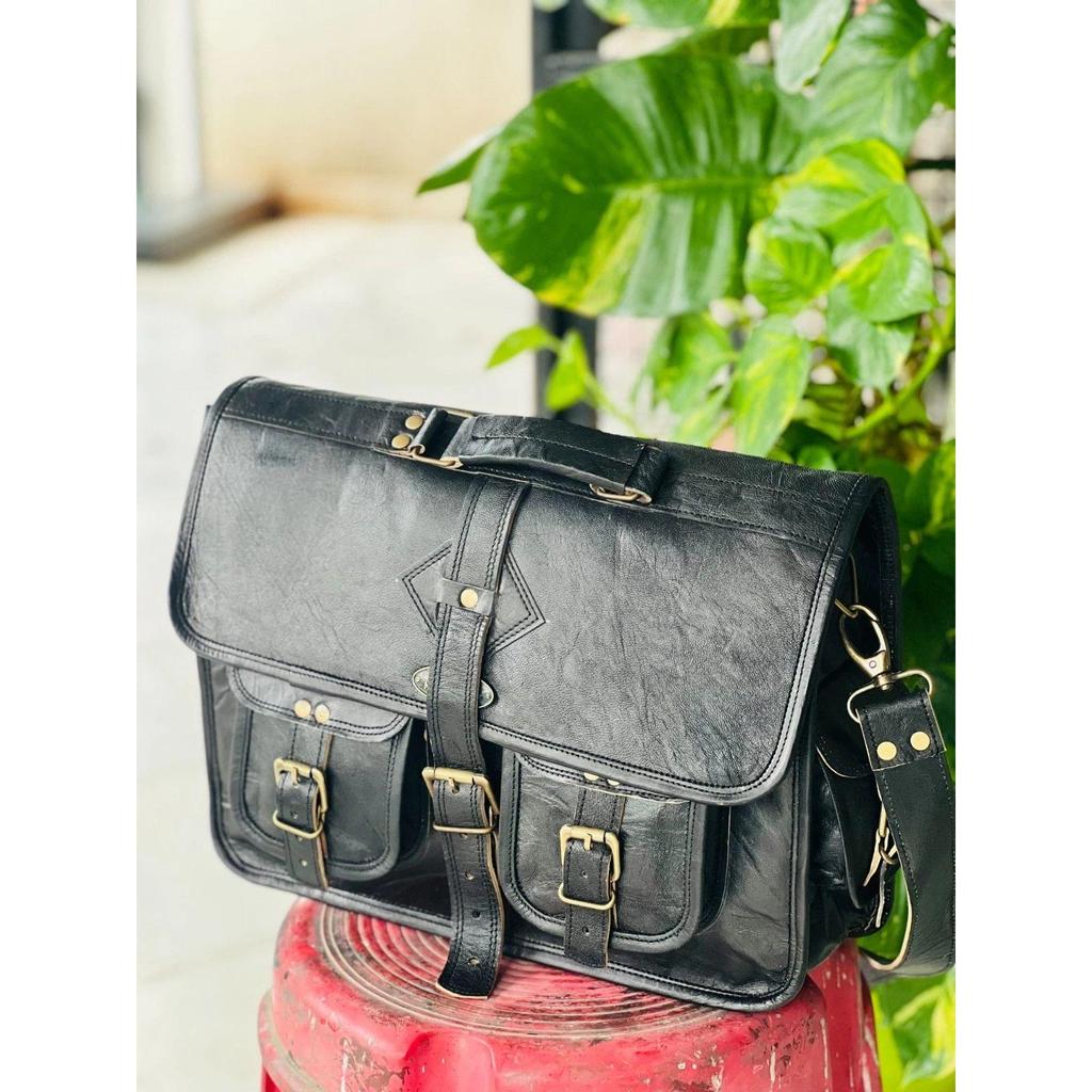 Genuine Goat Leather Vintage Laptop Handmade Black Necessary Bag Satchel