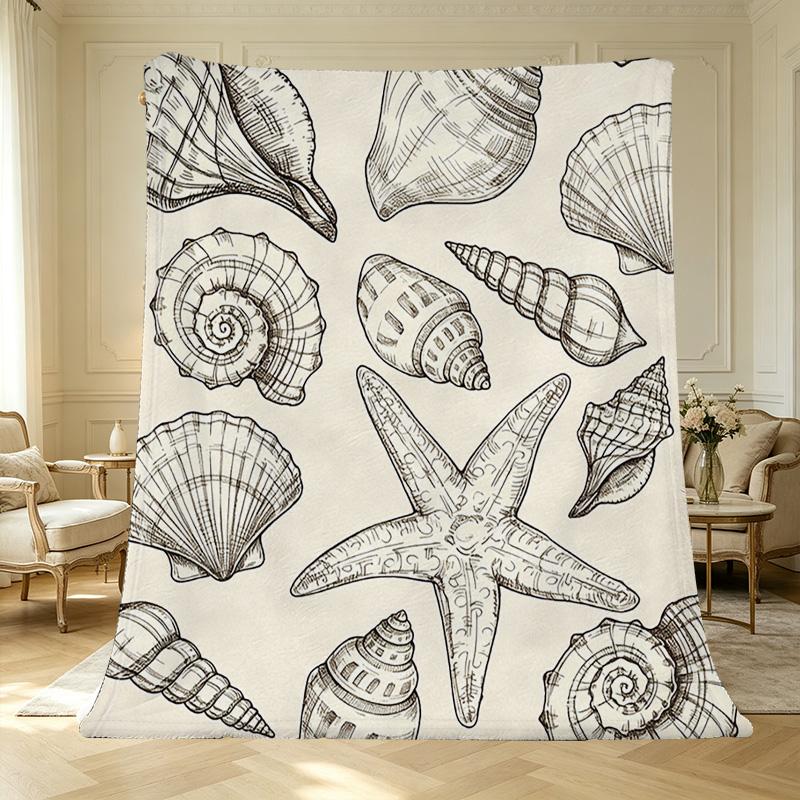 Thick Warm Flannel Blanket Marine Design (Shell & Starfish), Soft Cozy Throw for Home, Guest Room, Single Use, Christmas & Halloween