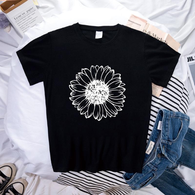 Spring Women's Simple Monochrome Sunflower Pattern Printed Pullover Loose Round Neck Pure Cotton Short Sleeved T-Shirts Women’s