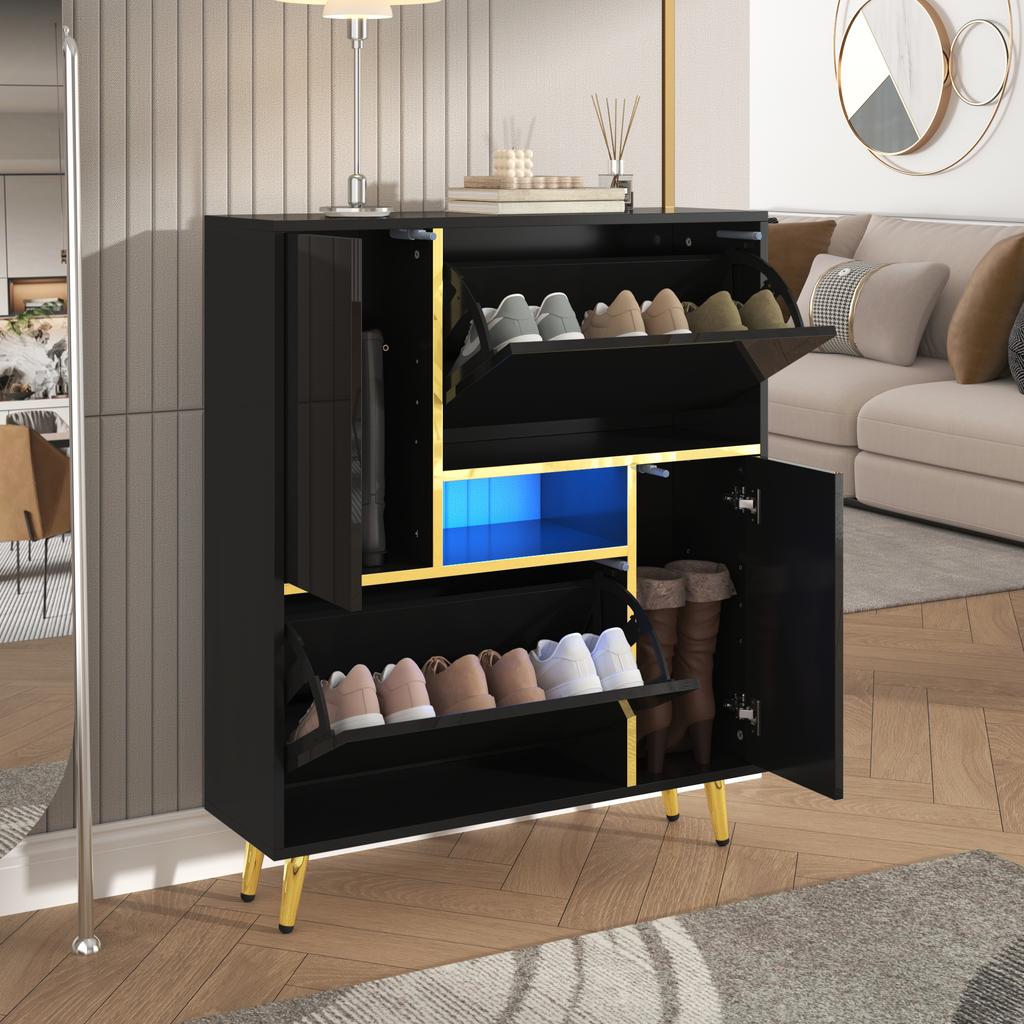 Modern Shoe Cabinet, Black Shoe Cabinet with High-Gloss Front and 16-Color LED Light (80 X 25 X 96 Cm)