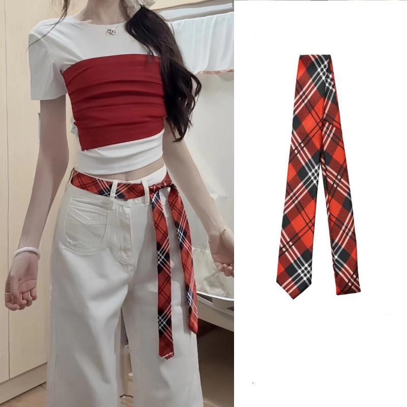 Cinto de Cintura Xadrez Longo e Fino Com Gravata Jeans Cachecol Acessório Decorativo Personalidade Tendência Faixa de Cabelo Acessório da Moda