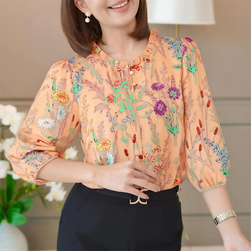 ZANZEA Women Casual Round Neck 3/4 Sleeve Loose Print Blouse