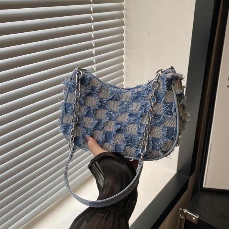 Trendy Star Print Hobo Bag with Frayed Trim Silver Chain Underarm Bag Leather Strap Casual Shoulder Purse Y2K Style Handbag
