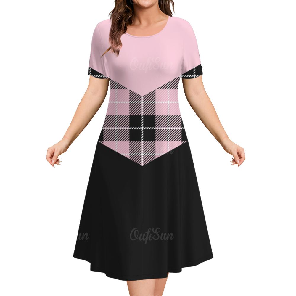 Damen Sommerkleider Vintage Bedruckt Mode Kurzarm Rundhals Kleider