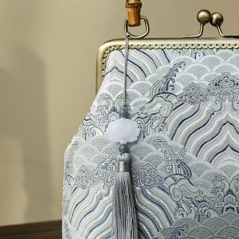 Johnature Elegant Women Cheongsam Banquet Bag Brocade Bamboo Handle Handbag Versatile Tassel Lady Shoulder Bags