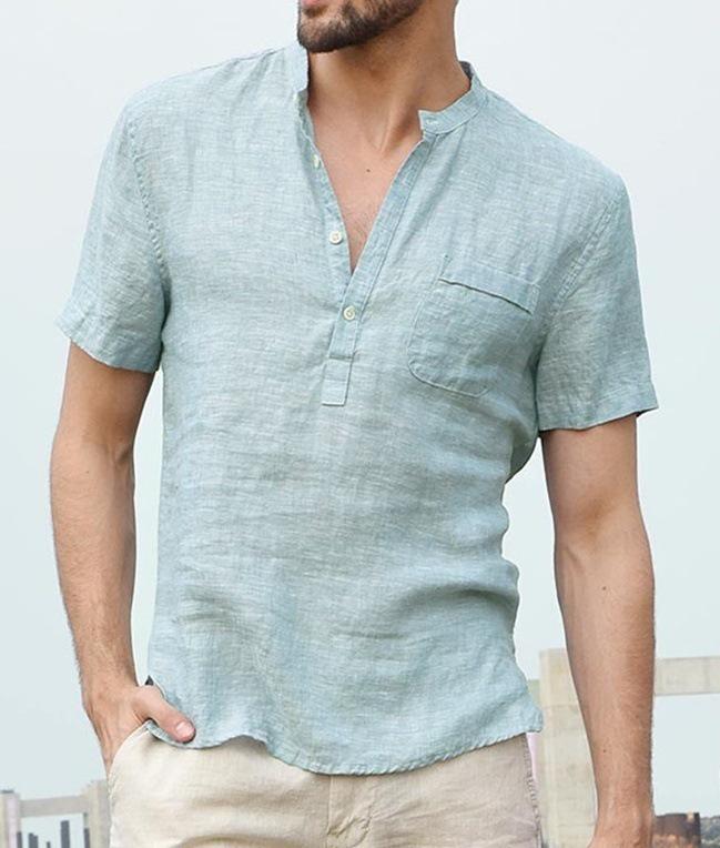 Men's Cotton Linen Short Sleeve Stand Collar Shirt