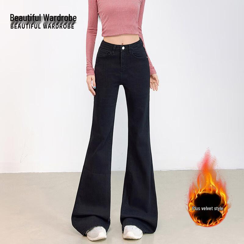 Beautiful Wardrobe Women's Black High-Waist Fleece-Lined Flare Jeans