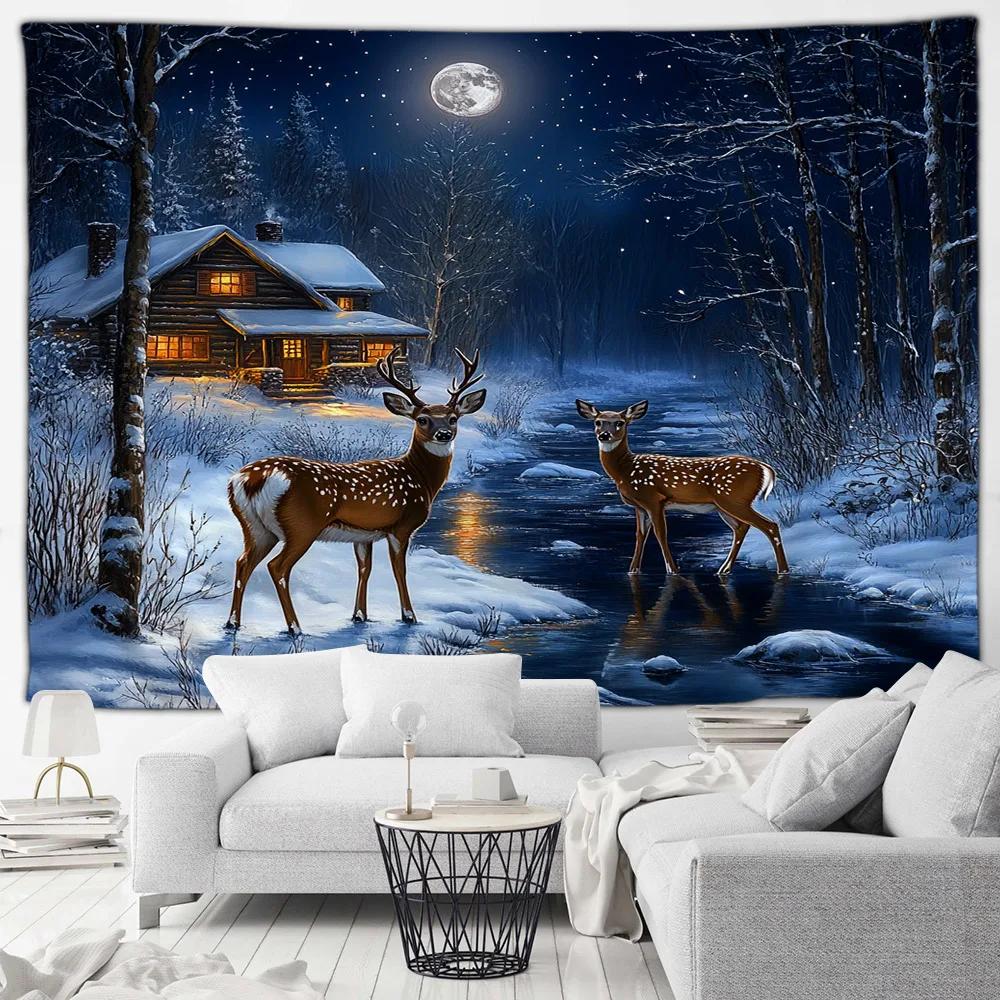 Winter Forest Elk Tapestry Farmhouse Stream Snowy Animal Nature Landscape New Year Christmas Home Living Room Decor Wall Hanging
