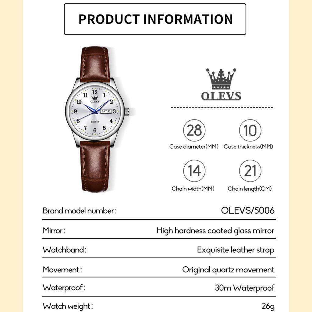 Waterproof OLEVS Popular Arm Watch Analog Quartz Fashion Business Stylish Watch White Dial Cute Watch Leather Strap Watch Lightweight Silver Watch for