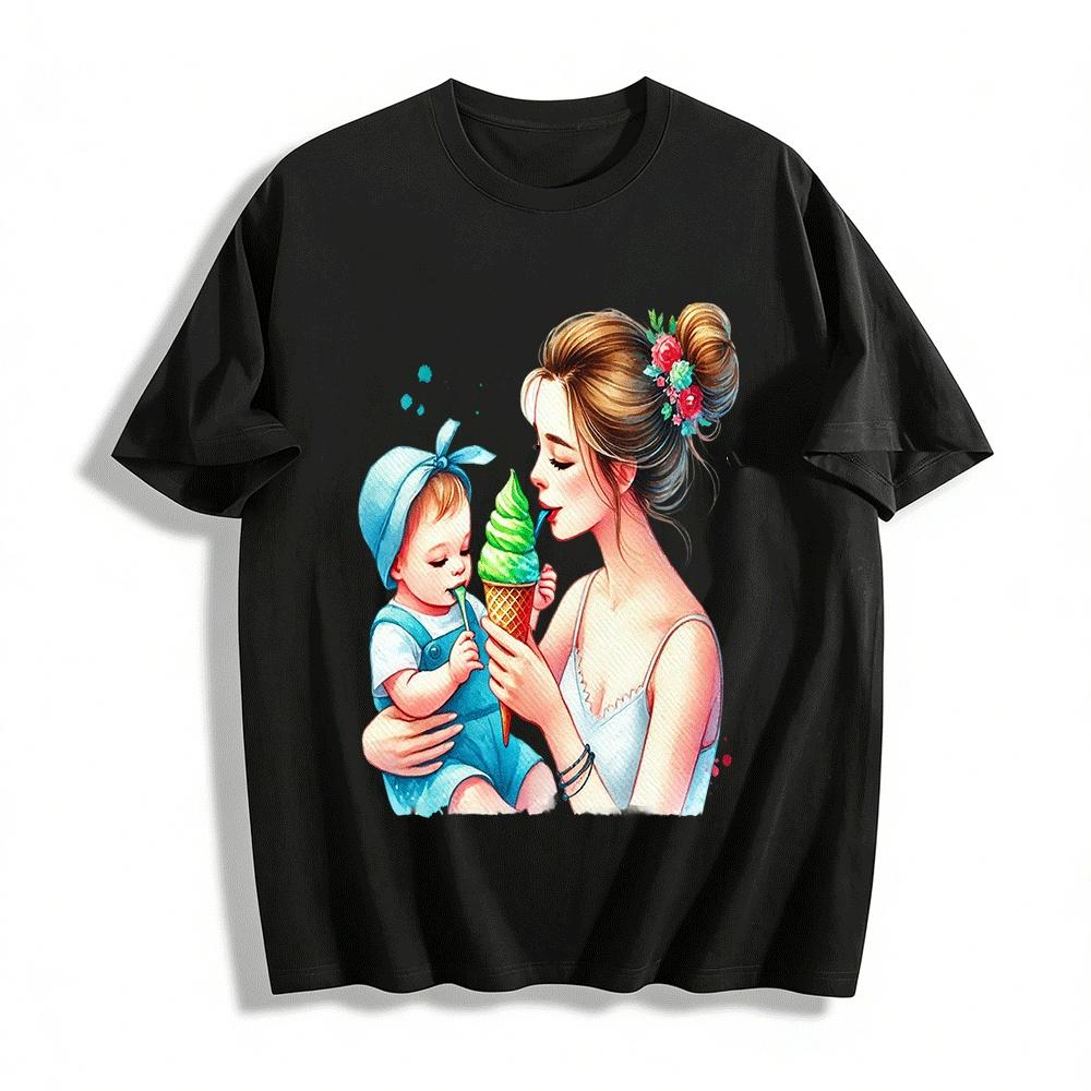 Warm Parent-child Ice Cream Sharing Print Short-sleeve T-shirt Pure cotton T-shirt XXS