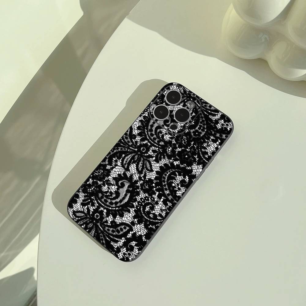 L-Lace Print Pattern Phone Case For iPhone 17,16,15,14,13,12,11 Pro Max, Lightweight and Practical Soft Black Cover