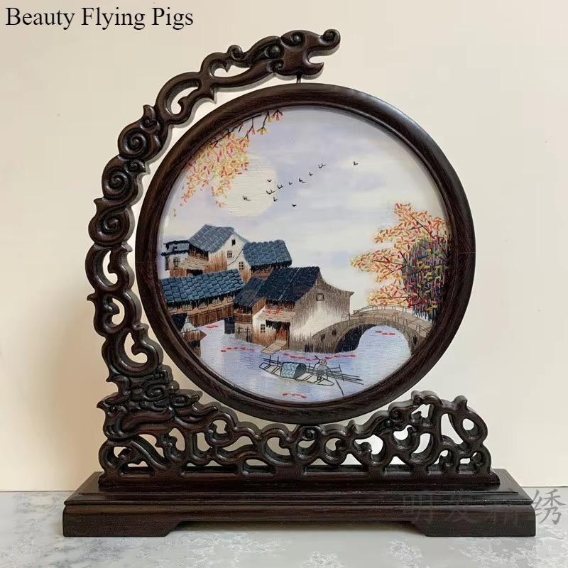 1pc, Su Embroidery Ornaments, Chinese Embroidery Crafts, Double Sided Embroidered Ornament, Solid Wood Desktop Decoration