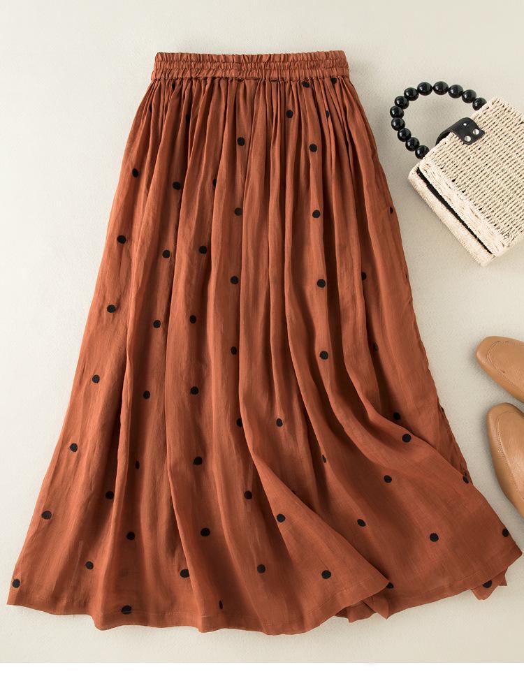 2025 Spring/Summer Women's Cotton Linen Polka Dot Pleated Midi Skirt with Elastic Waist