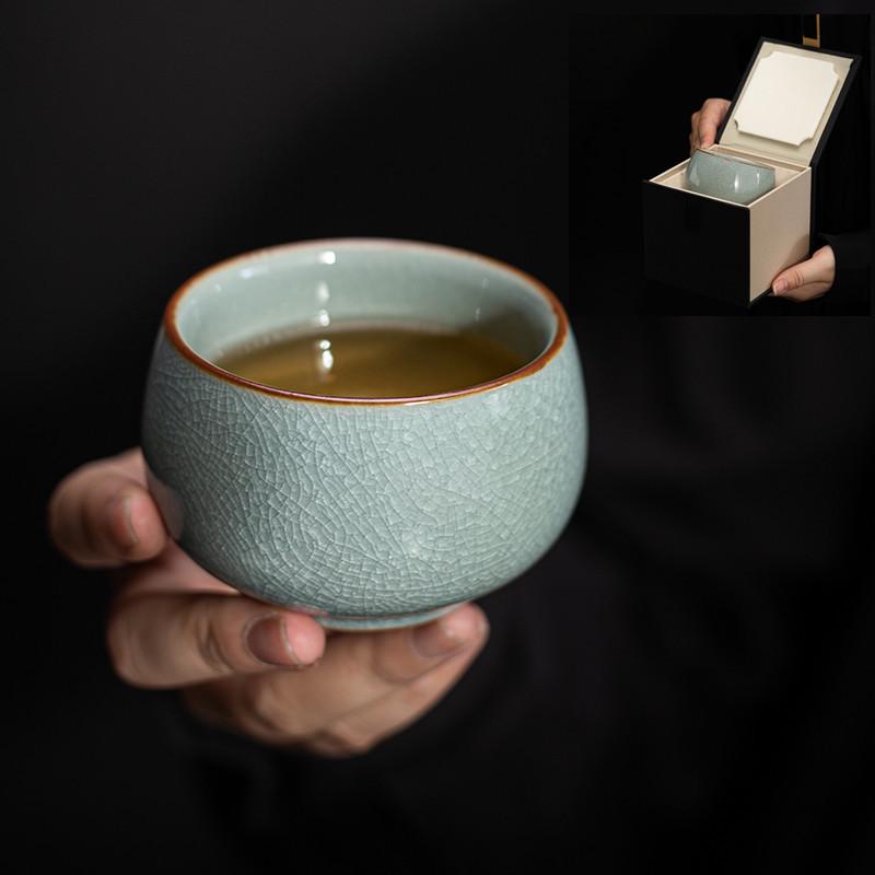 Ru Kiln Ice Flower Crackle Glaze Kung Fu Ceramic Tea Cup - Mastery In Personal Tea Tasting, Gift Box Included